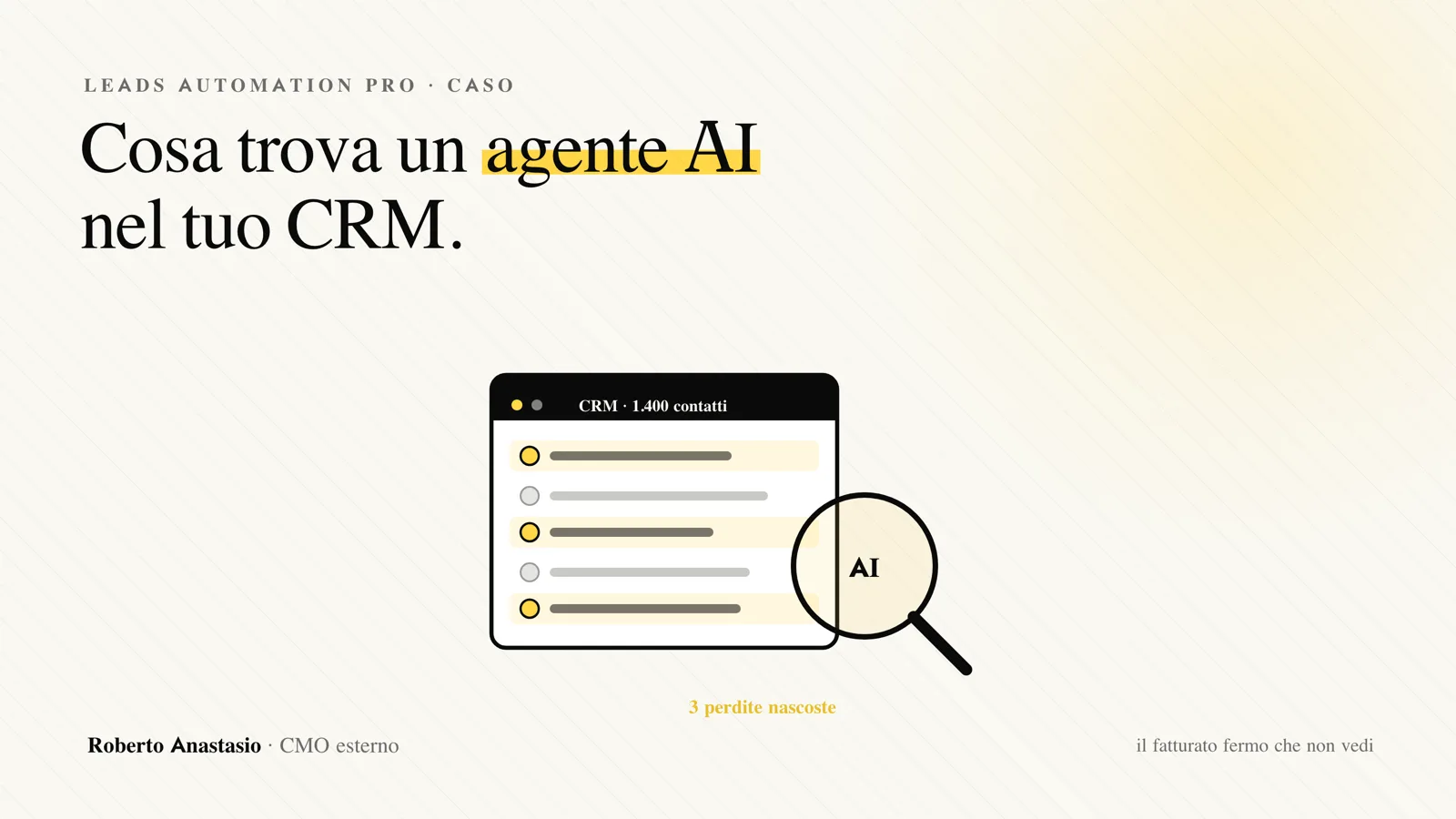 Un agente AI analizza un CRM: schema con i contatti che entrano e i tre punti dove il valore si perde, lead dimenticati, qualifica manuale, deal fermi