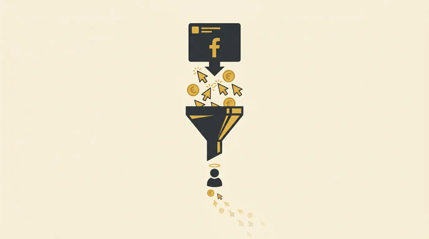 Campagne Facebook che non portano clienti: click e monete entrano da un annuncio Facebook in un imbuto, ma dal fondo non esce quasi nessun cliente